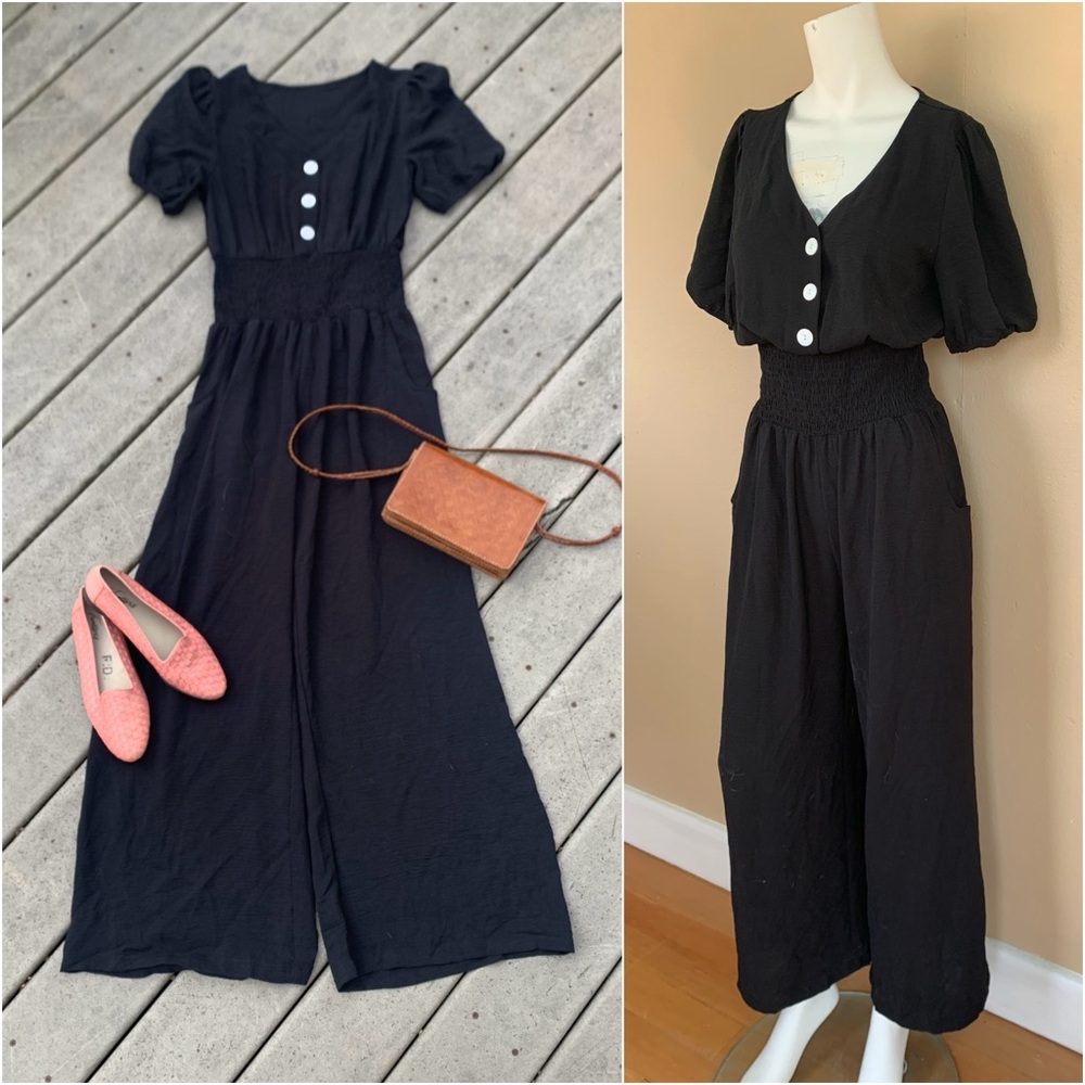 Black Short Sleeve Wide Leg Jumper | Cinched Waisted Jumpsuit
